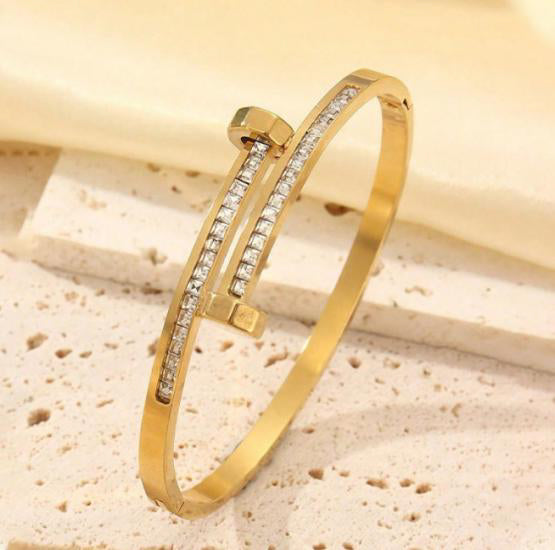 Pavé Cubic Zirconia Accent Bangle - Mirror-Shine PVD Gold