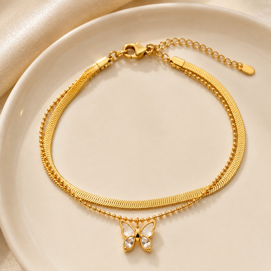 Dainty Butterfly Floating Charm Anklet - PVD Gold Plated