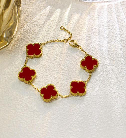 Vibrant 5-Motif Clover Bracelet - Scarlet Red (PVD Gold Plated)
