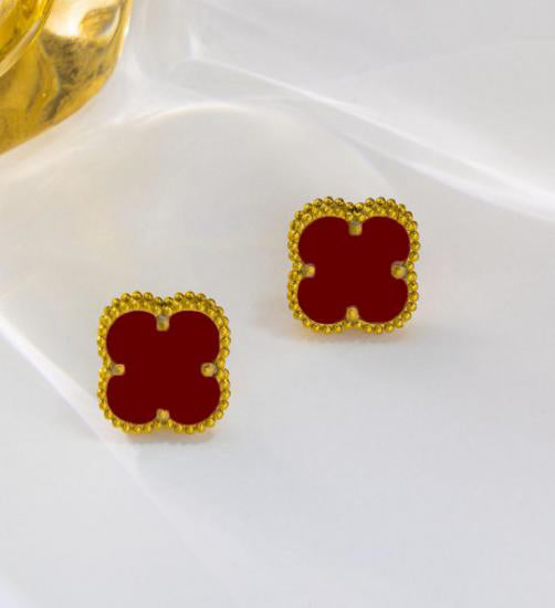 Vibrant Clover Stud Earrings - Scarlet Red & Gold