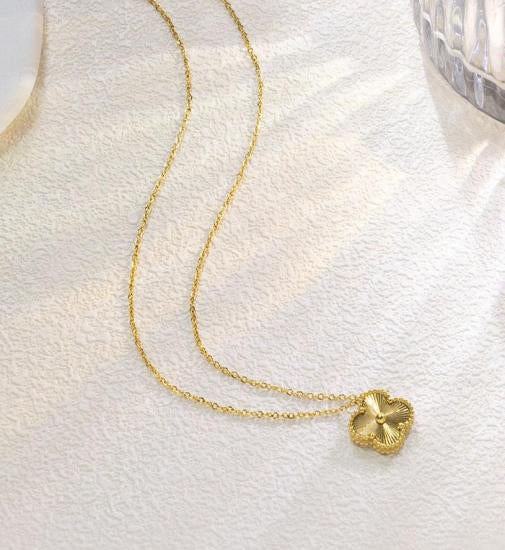 Guilloché Sculpted Clover Necklace - Textured Pure Gold Tone