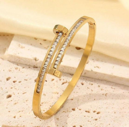 Pavé Cubic Zirconia Accent Bangle - Mirror-Shine PVD Gold