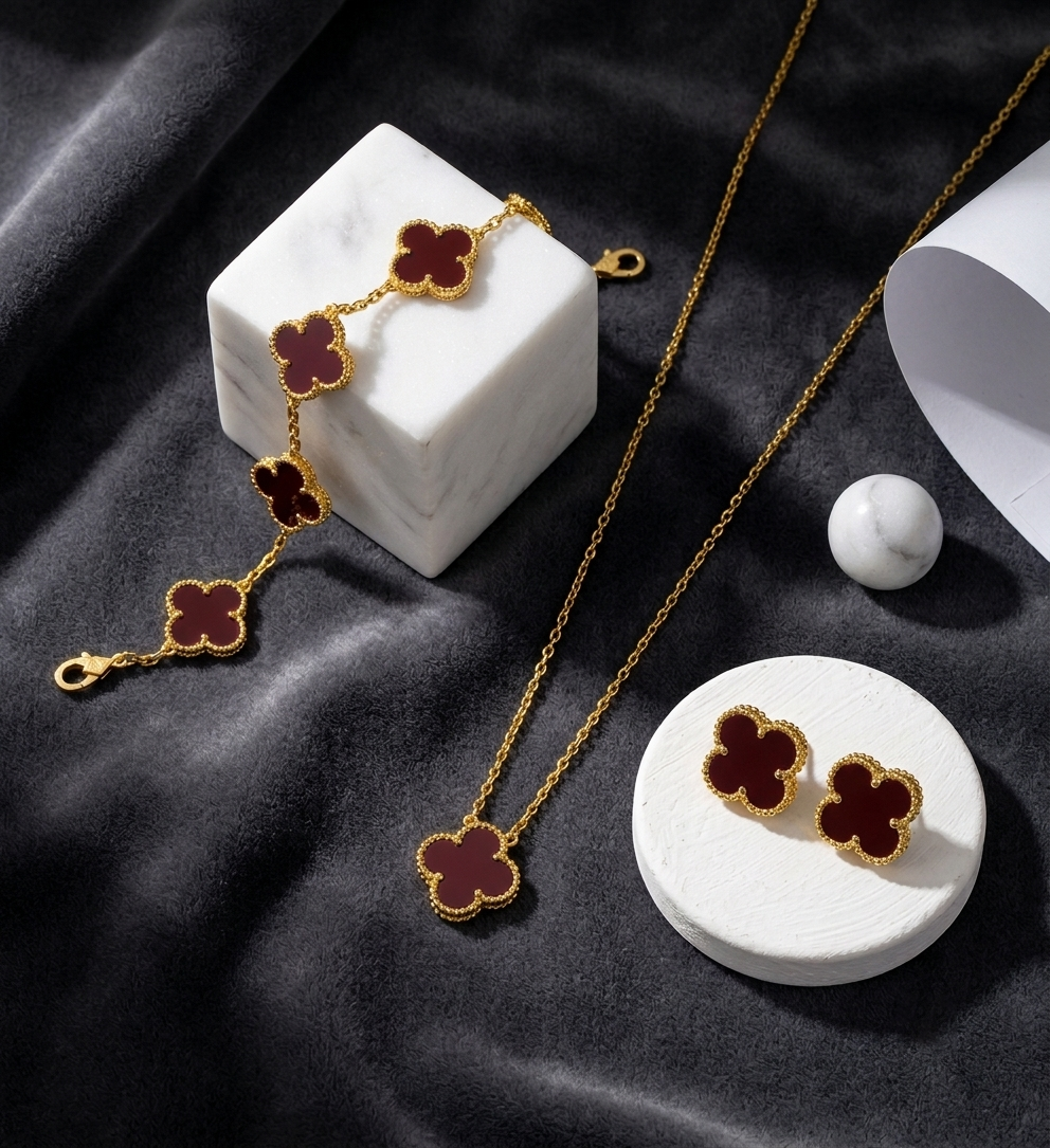 Royal Maroon Clover Elegance set (18K Gold-Plated)